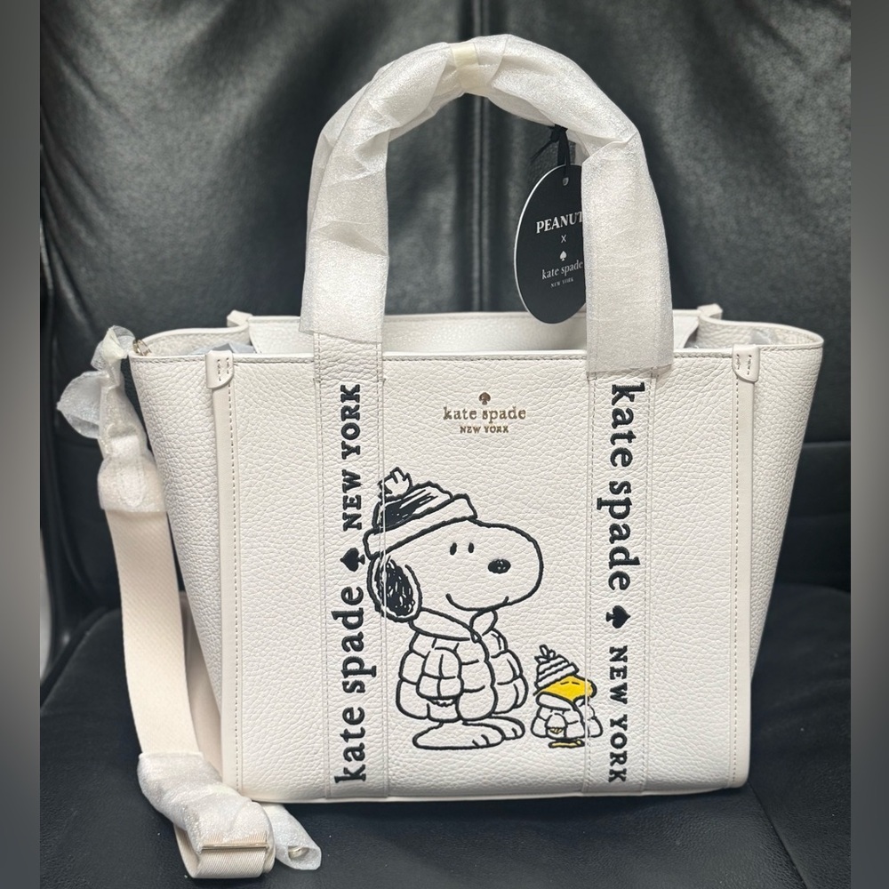 NWT Kate Spade X Peanuts Snoopy Kip Small Tote Pebbled Leather in Chalk KM629